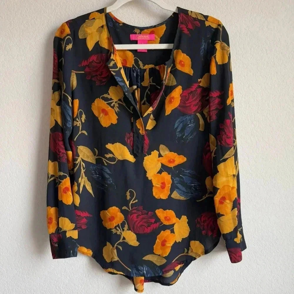 Catherine Malandrino Women's Small Multicolor Floral Long Sleeve Pullover Blouse